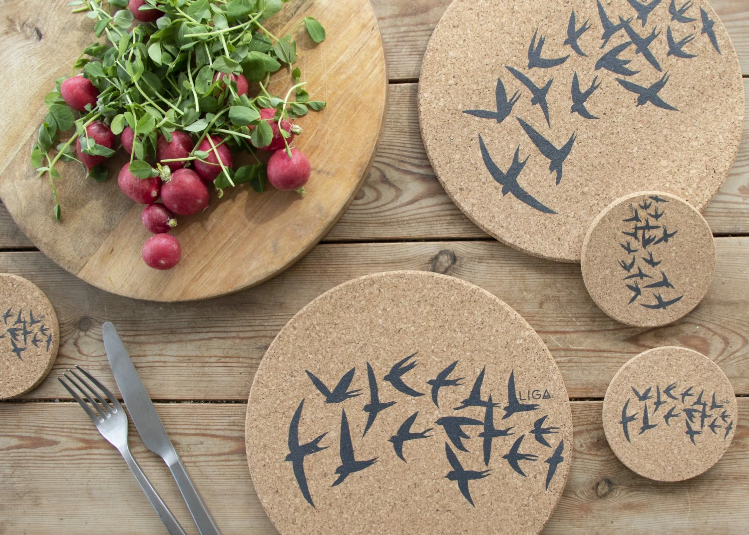 LIGA Cork Placemats Swallows Grey Set 4 LIGA Cork Placemats Swallows Grey Set